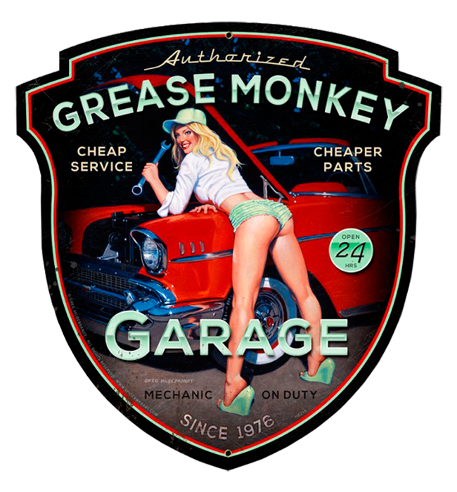 Grease Monkey Garage Shaped Hildebrandt Metal Sign Pinup Hand